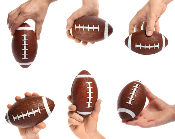 Mani maschili con palle da rugby su sfondo bianco - Foto, immagini