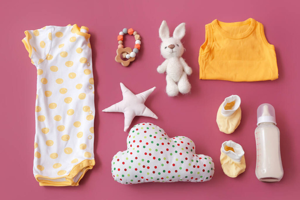 Set of baby accessories on color background - Φωτογραφία, εικόνα