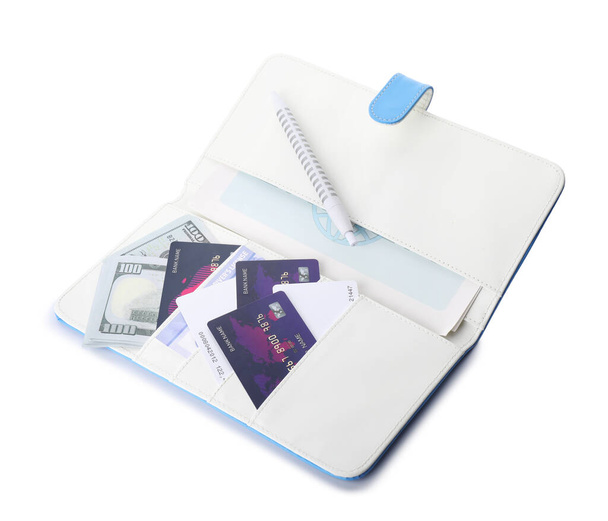 Travel organizer with different things on white background - Photo, Image