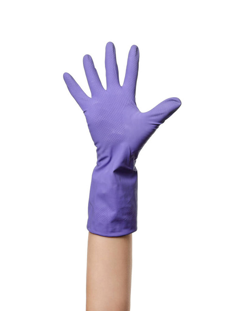 Hand in rubber glove on white background - Photo, Image