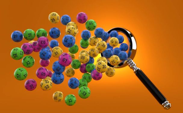 Lotto bolas con lupa sobre fondo naranja. ilustración 3d - Foto, Imagen
