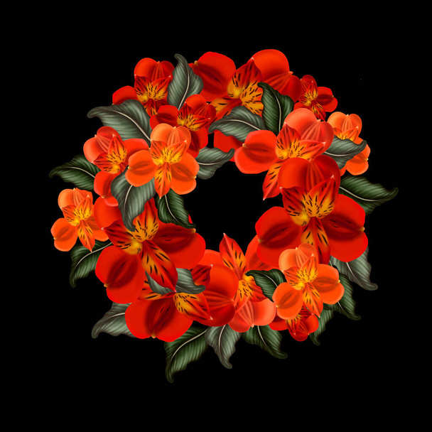 Digital Wreath, round frame of flowers of Alstroemeria, lilies. Spring greeting card wedding, happy birthday, happy Valentine's Day, March 8, advertising, sales, discounts, labels. - Foto, imagen