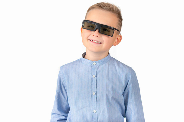 Front view Surprised,smiling caucasian open mouth caucasian schoolboy With 3D Glasses Concept - Photo, Image