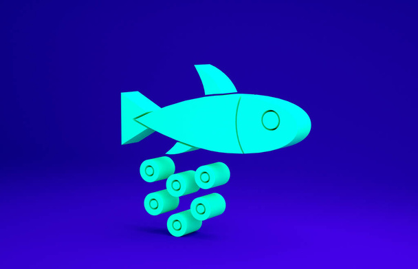 Pesce Verde con icona caviale isolata su sfondo blu. Concetto minimalista. Illustrazione 3d rendering 3D - Foto, immagini