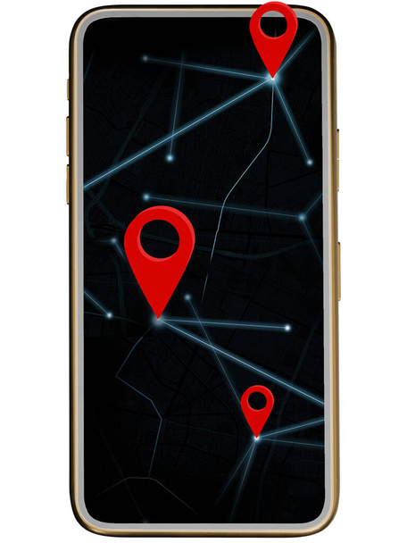 3D-Illustration, 3D-isometrisches Mobiltelefon, Smartphone bereit auf der Kartenanwendung identifiziert. Und die rote Nadel setzt die Koordinaten Mobiles GPS-Kartennavigationskonzept mit Clipping Path. Zur Dekoration. - Foto, Bild