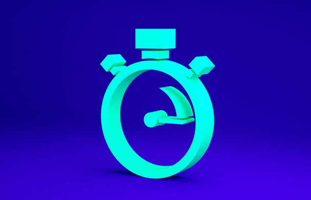Grünes Stoppuhr-Symbol auf blauem Hintergrund. Zeitzeichen. Chronometerzeichen. Minimalismus-Konzept. 3D Illustration 3D Renderer - Foto, Bild