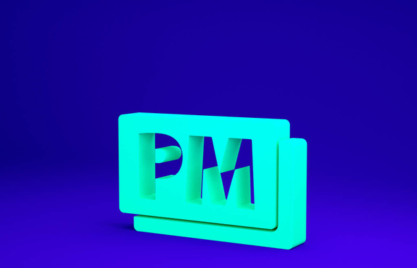 Relógio Verde PM ícone isolado no fundo azul. Símbolo temporal. Conceito de minimalismo. 3D ilustração 3D render - Foto, Imagem