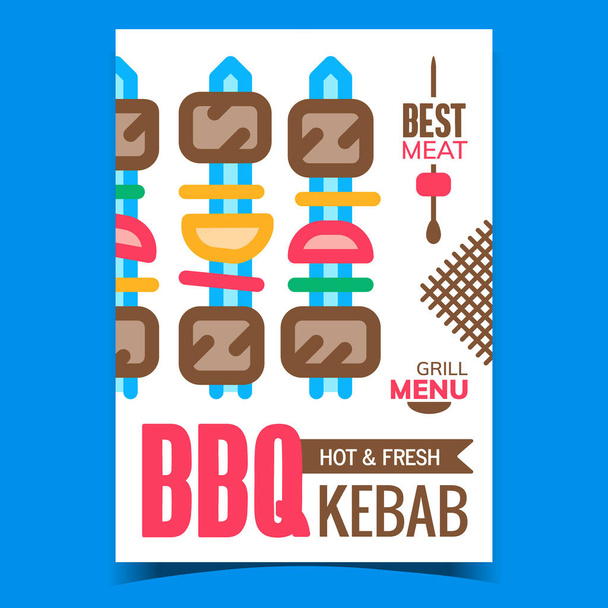 Bbq Kebab Grill Menu Advertising Banner Vector. Hot And Fresh Bbq Kebab, Fried Grilled Meat With Vegetables On Creative Promotional Poster. Concept Template Style Color Illustration - Vector, Image