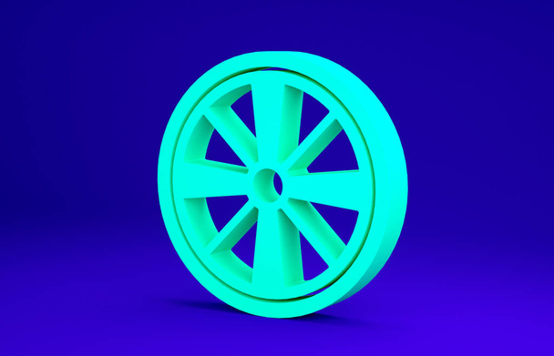 Green Alloy kerék egy autó ikon elszigetelt kék háttérrel. Minimalizmus koncepció. 3d illusztráció 3D render - Fotó, kép