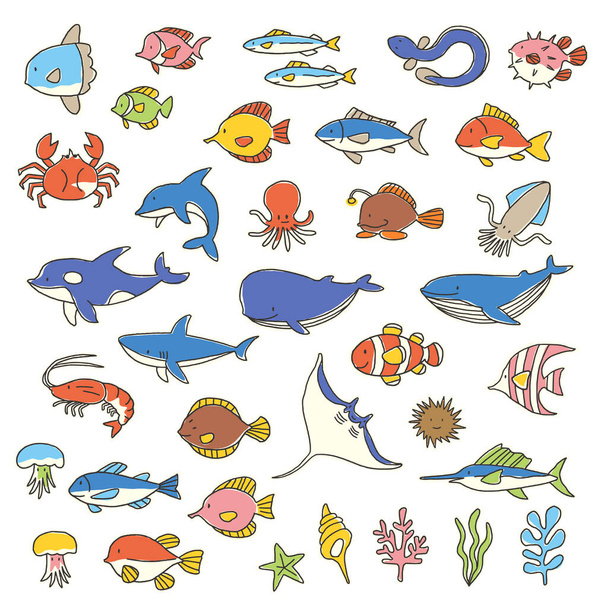きれいな魚のイラスト集を集め、様々な魚を可愛くデザインしました, - ベクター画像