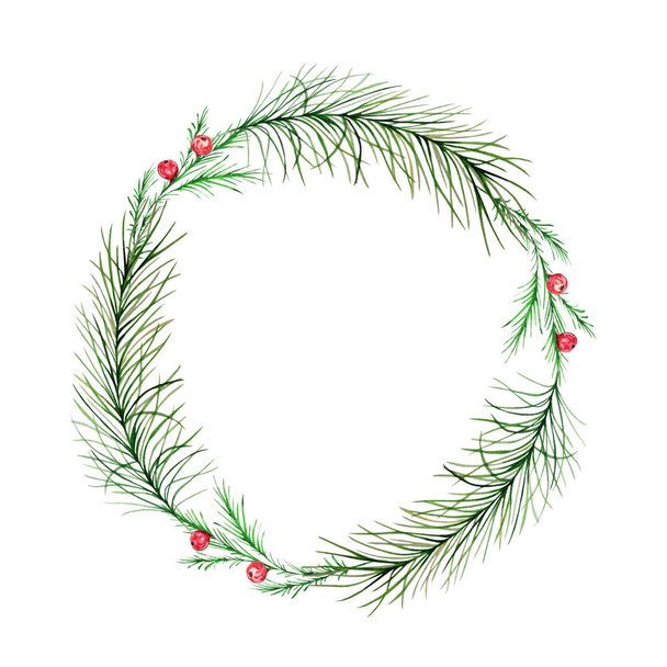 Aquarel kerstkrans met dennen- en dennentakken en rode bessen. Illustratie voor uw feestelijk ontwerp geïsoleerd op een witte achtergrond. - Foto, afbeelding