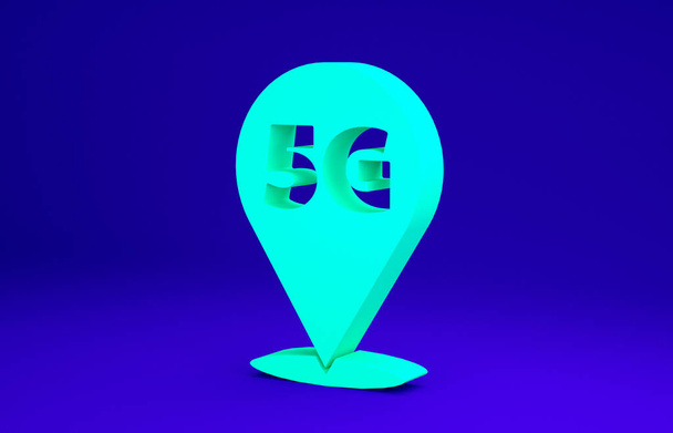 Green Location 5G нова піктограма бездротового інтернету Wi-Fi ізольована на синьому фоні. Глобальна мережа технології високошвидкісного з'єднання даних швидкості. Концепція мінімалізму. 3D ілюстрація 3D рендеринга
 - Фото, зображення