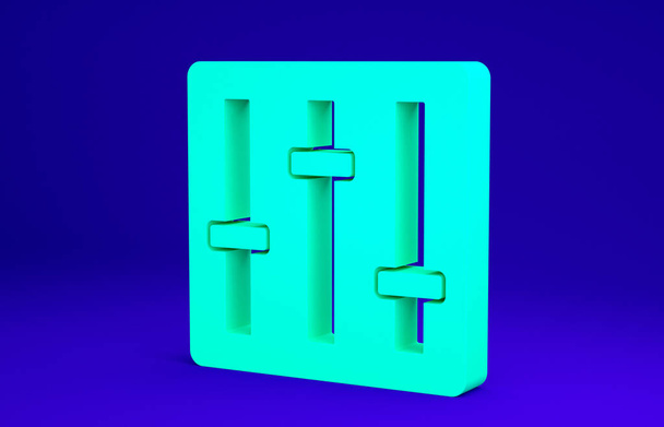 Green Sound Mixer Controller Symbol isoliert auf blauem Hintergrund. DJ-Ausrüstung Schieberegler Tasten. Mischpult. Minimalismus-Konzept. 3D Illustration 3D Renderer - Foto, Bild