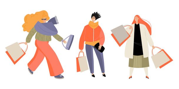 Set of vector illustrations of girls with shopping bags. Autumn sale. Cartoon image in flat style - Vector, Image