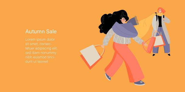 Autumn sale banner with two trendy girls with shopping bags. Cartoon image in flat style - Vektor, Bild