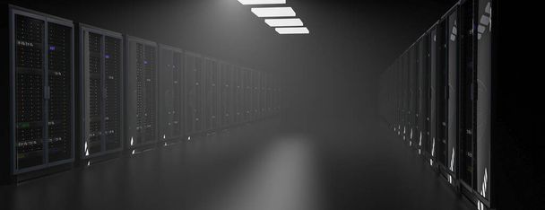 Rack server nel data center cloud della sala server. cluster hardware del Datacenter. Backup, hosting, mainframe, mining, farm e computer rack con informazioni di archiviazione. rendering 3D. Illustrazione 3D - Foto, immagini