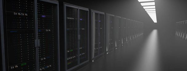 Serverové regály v cloudovém datovém centru serverové místnosti. Hardwarový cluster datového centra. Zálohování, hosting, mainframe, těžba, farmy a počítačové regály s informacemi o skladování. 3D vykreslování. 3D ilustrace - Fotografie, Obrázek