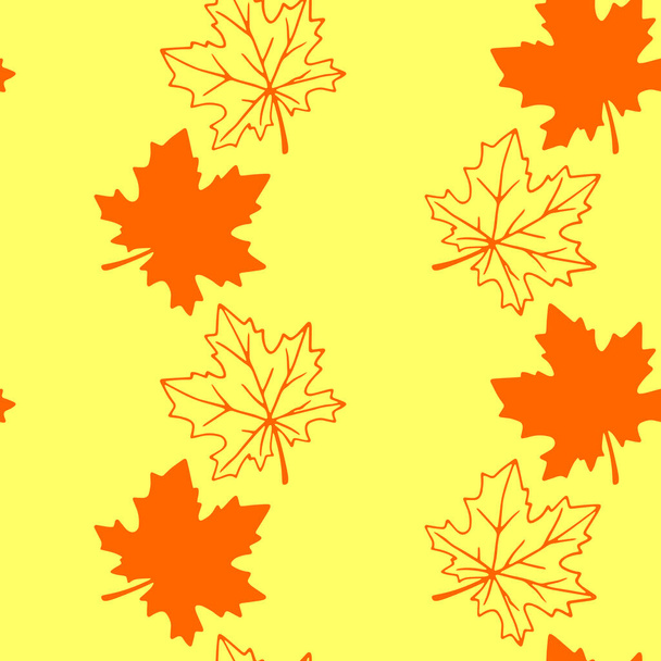 Bezešvé vzor oranžové tvarované siluety javorové listy izolované na žlutém pozadí. Jednoduchá vektorová textura pro tkaniny, pozvánky, domácí textil. Koncept podzimu, lesa, listí podzim. - Vektor, obrázek