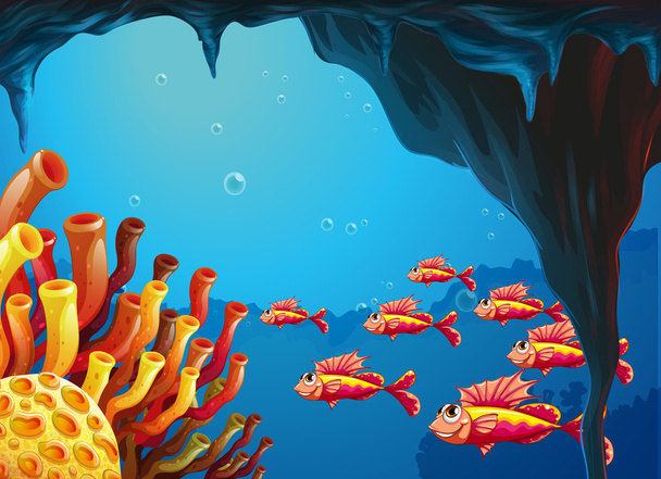 Школа рыб, идущих к коралловым рифам внутри пещеры
 - Вектор,изображение