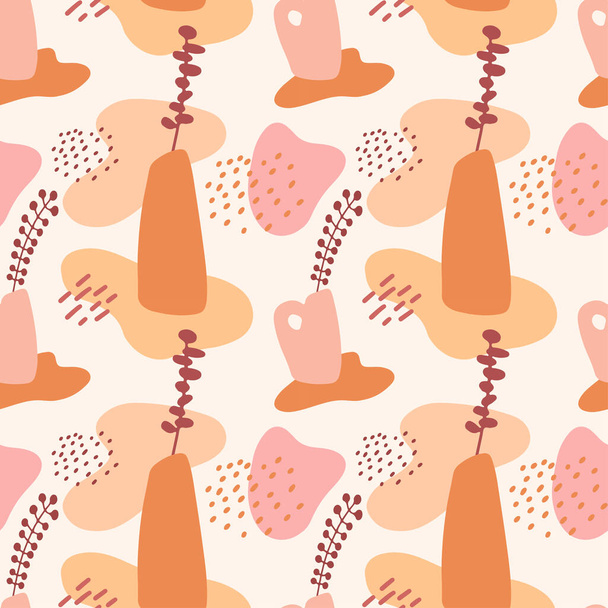 Nahtloses Muster mit abstrakten, von Hand gezeichneten Terrakottafassaden in Pastellfarben und Zweigen auf beigem Hintergrund. Abstraktes geometrisches Design für Textilien, Verpackung, Hintergrund.  - Vektor, Bild