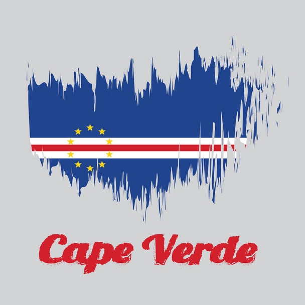 Penseel stijl vlag van Kaapverdië, blauw wit en rode kleur met de cirkel van tien sterren. met naam tekst Kaapverdië. - Vector, afbeelding