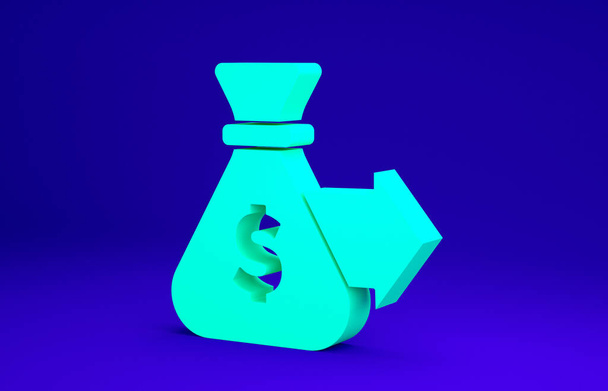 Піктограма мішка зелених грошей ізольована на синьому фоні. Символ долара або доларів США. Валютний знак готівкою. Концепція мінімалізму. 3D ілюстрація 3D рендеринга
 - Фото, зображення