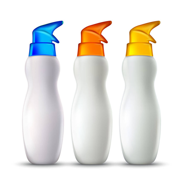 Αντιηλιακό Lotion Πακέτο με καπάκι Spray Set Vector. Αντηλιακό κενό μπουκάλι Ψεκαστήρας με διαφορετικό χρώμα καπάκι. Ηλιακό έγκαυμα προστασία του δέρματος αφρώδες υγρό πρότυπο Ρεαλιστική 3d Εικονογραφήσεις - Διάνυσμα, εικόνα