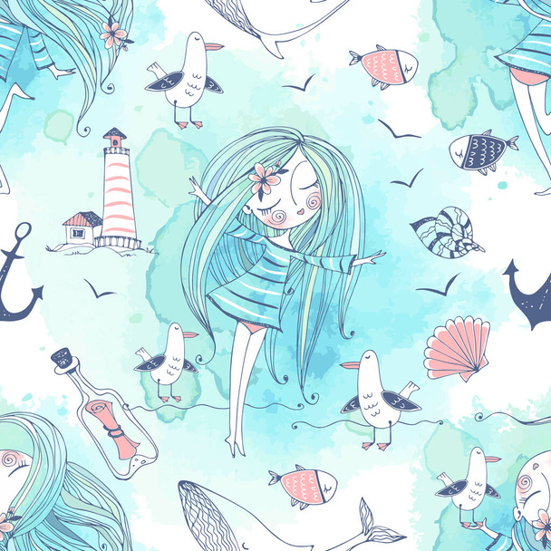 Nahtloses Muster zum Thema Meer mit niedlichen Mädchen, Walen und Möwen im niedlichen Doodle-Stil mit Aquarellen. Vektor - Vektor, Bild
