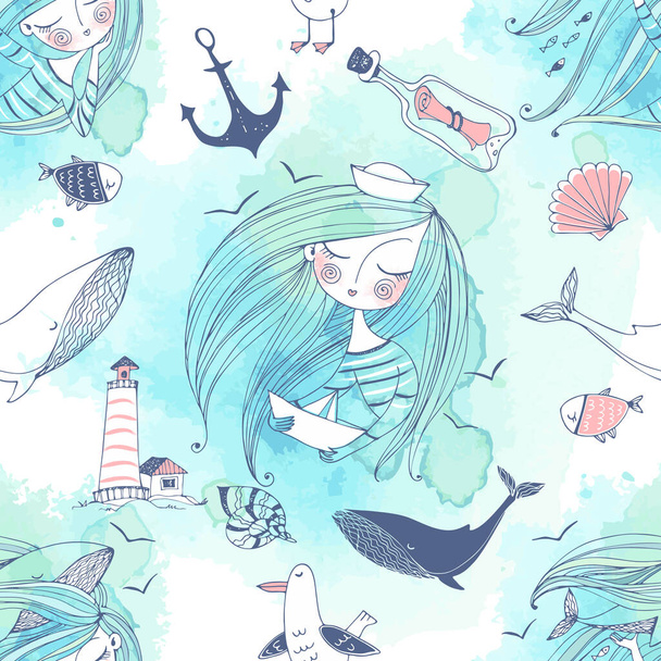 Seamless pattern on the sea theme with cute girls, whales and seagulls in a cute Doodle style with watercolors. Vector. - Vektor, obrázek