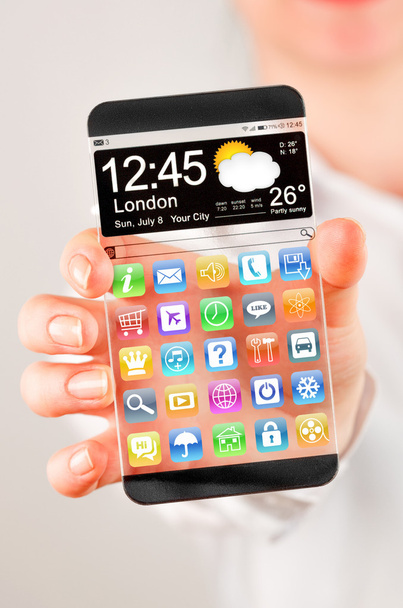 Smartphone-val emberi kéz átlátható képernyő. - Fotó, kép