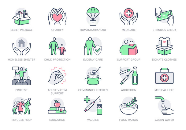 Charity, social worker line icons. Vector illustration included icon as donate food, humanitarian aid, pantry, homeless shelter outline pictogram for volunteer. Green, red color, Editable Stroke - Vector, Image