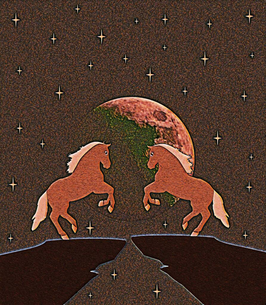 Um par de cavalos contra o fundo da lua cheia - Foto, Imagem
