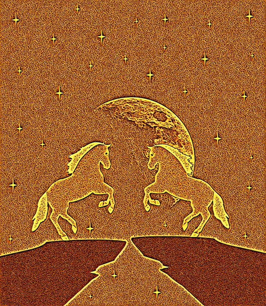 Une paire de chevaux sur fond de pleine lune - Photo, image