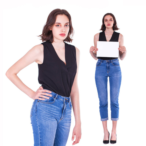 Collage, portrait of a young beautiful brunette model in blue jeans, isolated on white background - Photo, image