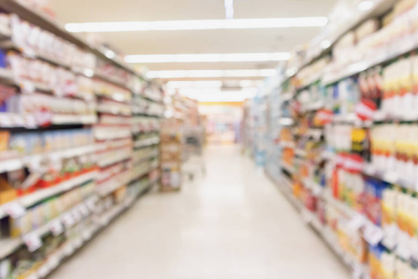 Empty supermarket aisle with product on shelves blurred background - Photo, Image