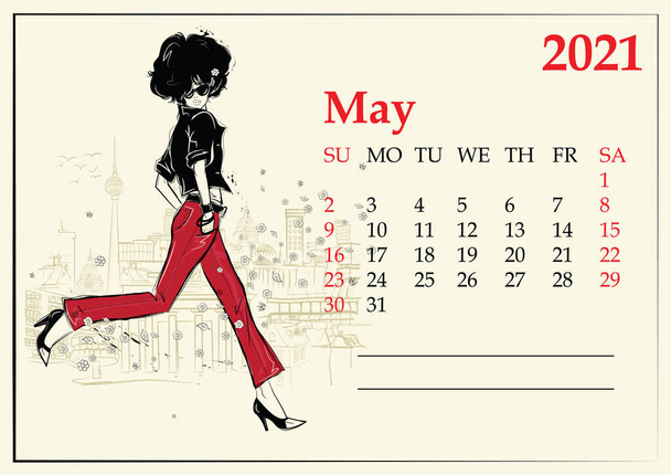 - Mei. 2021 Kalender met mode meisje in schets stijl. Vectorillustratie - Vector, afbeelding