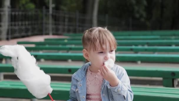 Hermosa y feliz niña comiendo algodón de azúcar en el banco. - Metraje, vídeo