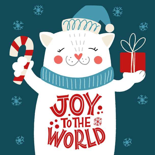 Joy to the world. White cat with a gift and an inscription on its belly. Great lettering for greeting cards, stickers, banners, prints. Xmas card. Merry Christmas and Happy new year 2021. - Vektori, kuva