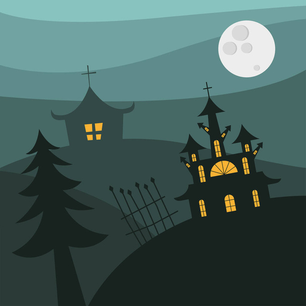 Casas de Halloween con puerta y pino en diseño vectorial de noche - Vector, imagen
