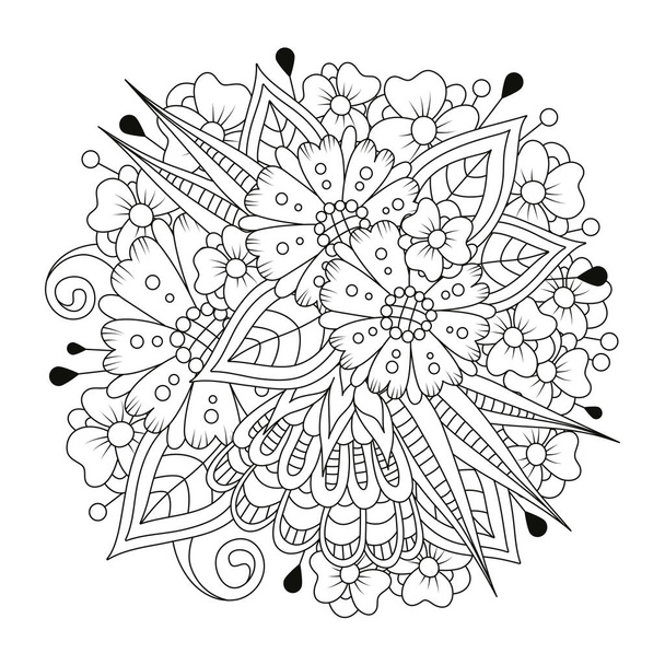Büyük ve küçük soyut çiçekli kare boyama sayfası. Siyah-beyaz arka plan. Renkler için vektör çiçek çizimi. Nakış, dövme, tasarım için desen. - Vektör, Görsel