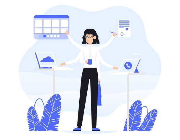 Businesswoman does several things at once time. He is holding bag, drink coffee, read documents and work on a laptop. Color vector flat cartoon icon - Vector, Image
