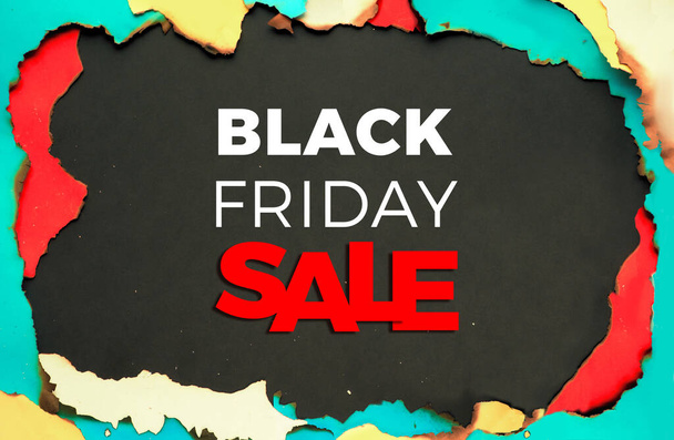 Black Friday Sale background. Panoramic burnt paper frame with white, yellow, red and mint color paper with burned edges. - Photo, Image