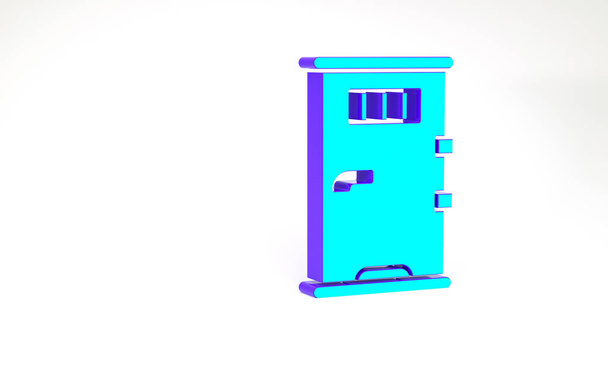 Бирюзовая дверь тюремной камеры с иконкой окна гриля изолированы на белом фоне. Концепция минимализма. 3D-рендеринг - Фото, изображение