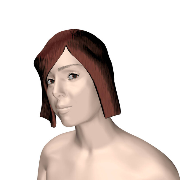 Ilustração 3D de menina sorridente com cabelo curto marrom, olhos castanhos e peito nu isolado em fundo branco - Foto, Imagem