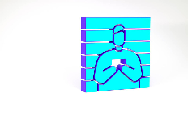 Бирюзовая преступная икона подозреваемого выделена на белом фоне. Преступник в тюрьме, подозреваемый возле доски. Концепция минимализма. 3D-рендеринг - Фото, изображение