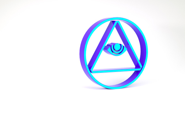 Бирюзовый масонский символ Всевидящее око Божье, выделенный на белом фоне. Глаз Провидения в треугольнике. Концепция минимализма. 3D-рендеринг - Фото, изображение