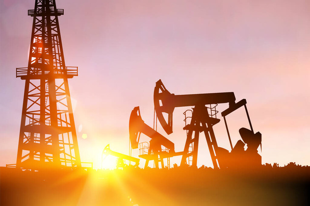 Силуэт Дарка нефтяной установки и насосов во время заката - Вектор,изображение