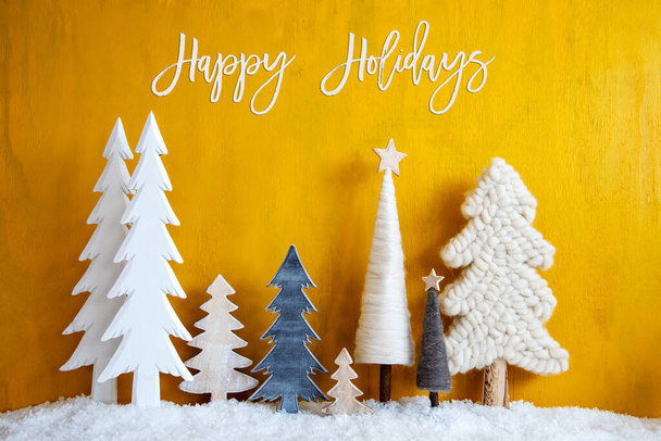 Christmas Trees, Snow, Yellow Background, Happy Holidays - Fotografie, Obrázek