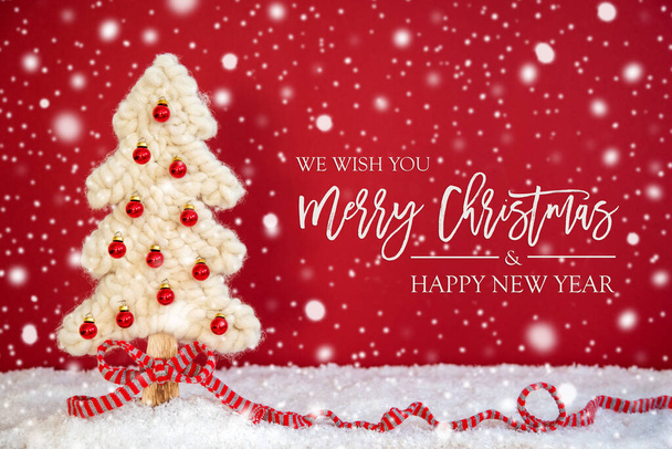Tree, Ball, Merry Christmas And A Happy New Year, Red Background, Snowflakes - Photo, Image