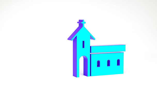 ターコイズ教会の建物のアイコンは白い背景に隔離されています。キリスト教会。教会の宗教。最小限の概念。3Dイラスト3Dレンダリング - 写真・画像
